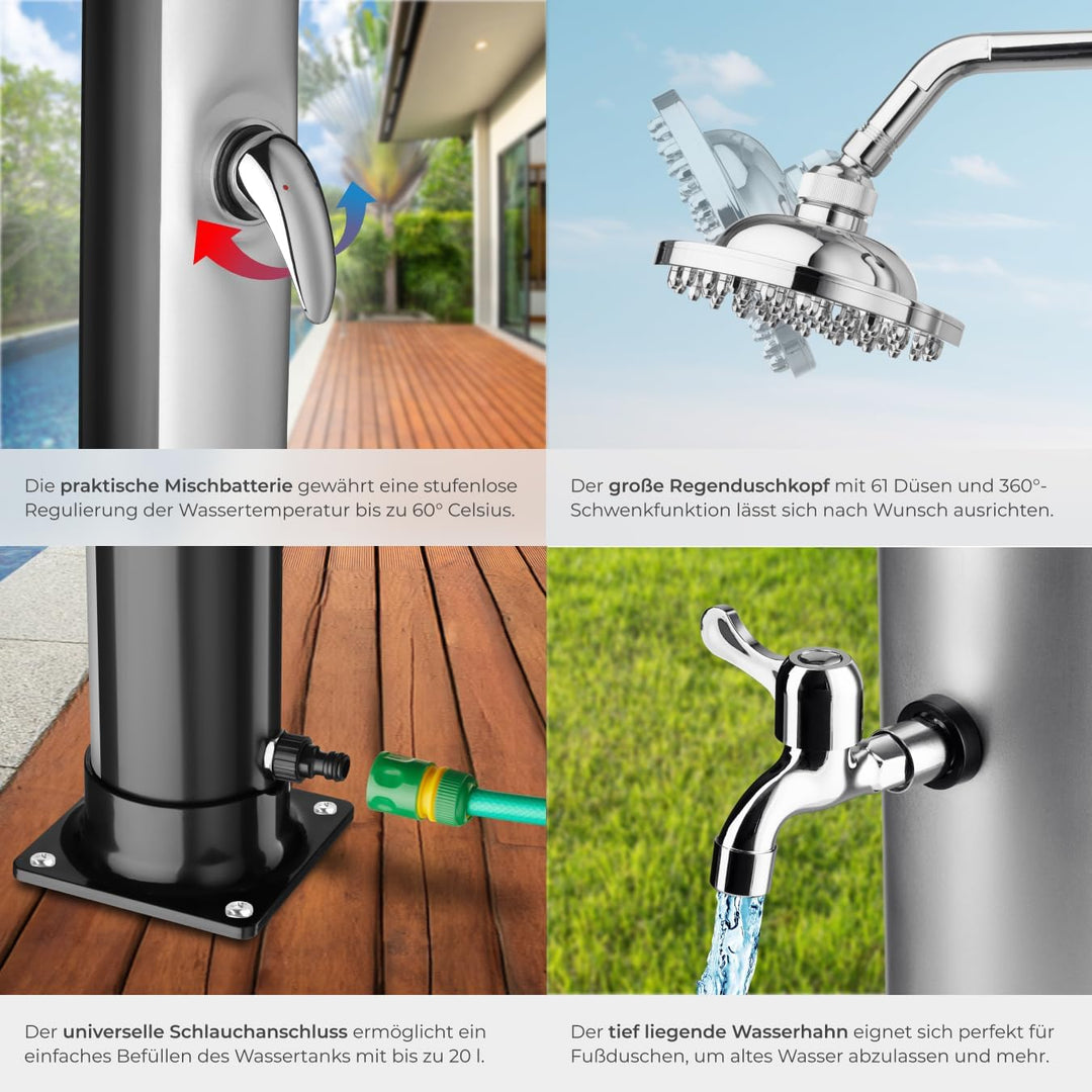 tectake® Gartendusche mit Duschkopf gross und Wasserhahn für Füsse, Solardusche 20l, solar Shower Au