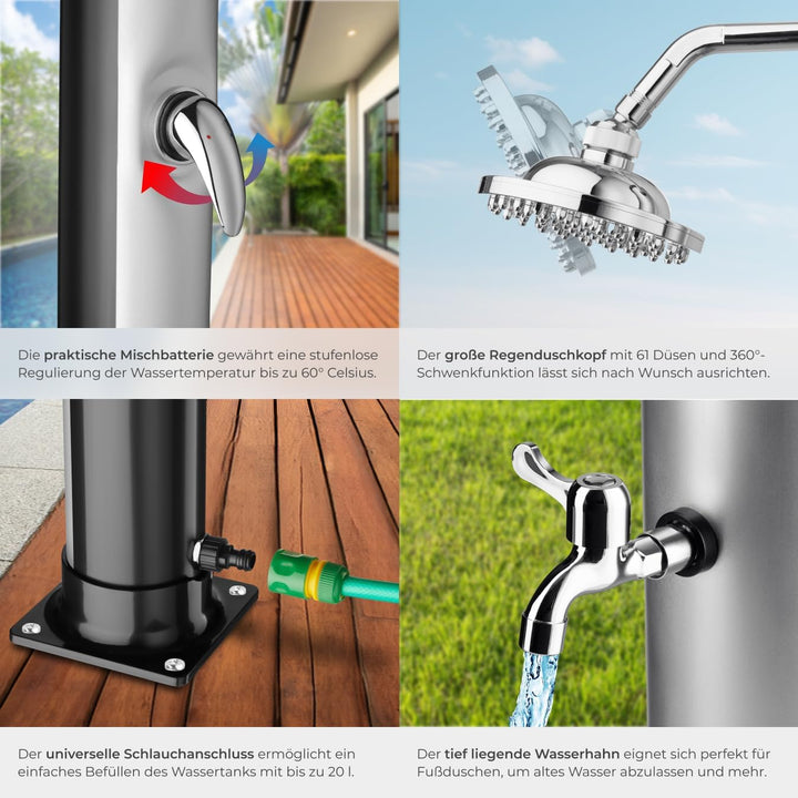 tectake® Gartendusche mit Duschkopf gross und Wasserhahn für Füsse, Solardusche 20l, solar Shower Au