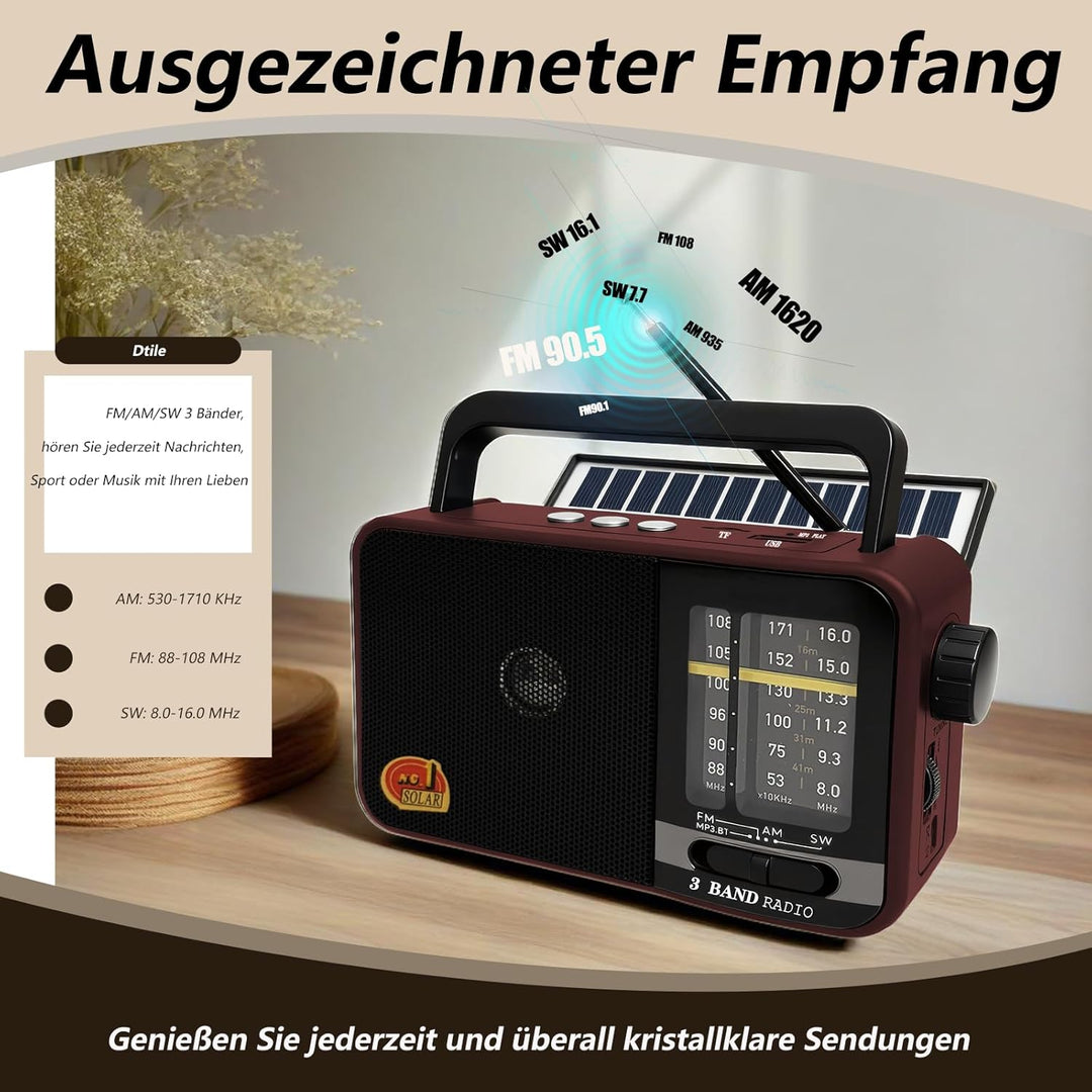 Bluetooth Radio Klein mit Solarzelle und 1200mAh-Batterie, AM/FM/SW Empfänger mit 8W Lautsprecher/TW
