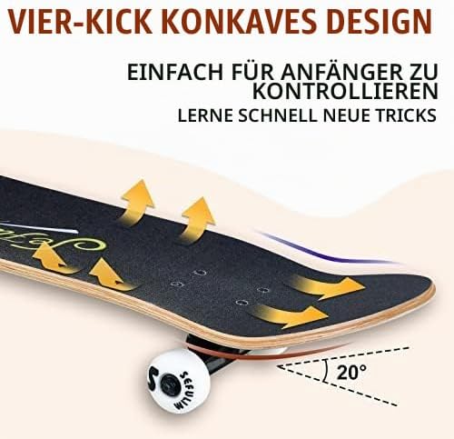 Sefulim 31 x 8 Zoll komplettes Skateboard 7-Schicht kanadischer Ahorn Double Kick Deck Concave Cruis