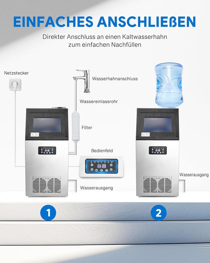 CREWORKS Edelstahl-Eiswürfelmaschine 73 kg/24 h Gewerbeausführung mit LCD-Display ideal für Zuhause,
