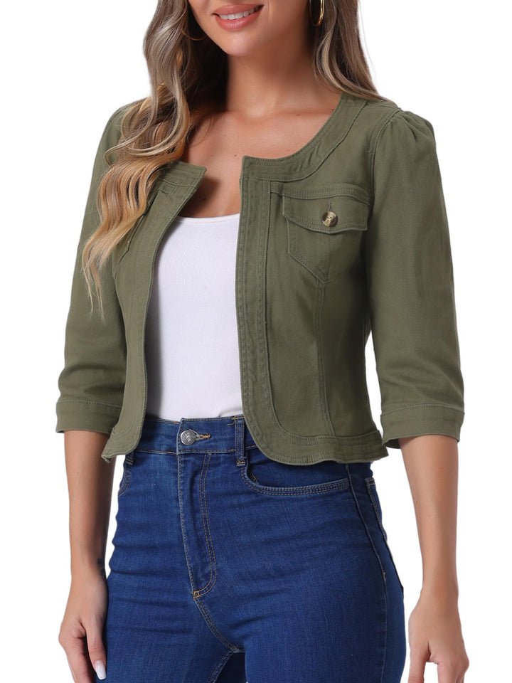 Allegra K Damen Jeansjacke 3/4 Ärmel Open Front Kragenlos Jacke mit Taschen L Armeegrün, L Armeegrün