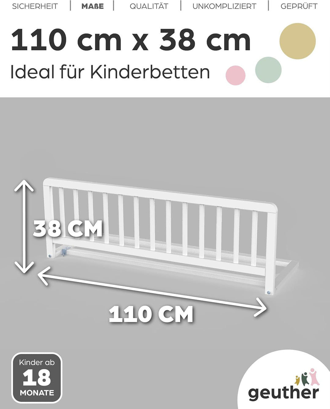 Geuther 2111 Bettschutzgitter in 110 cm Höhe: 38 cm Absturzsicherung Mit stabilen Stäben Schützt vor