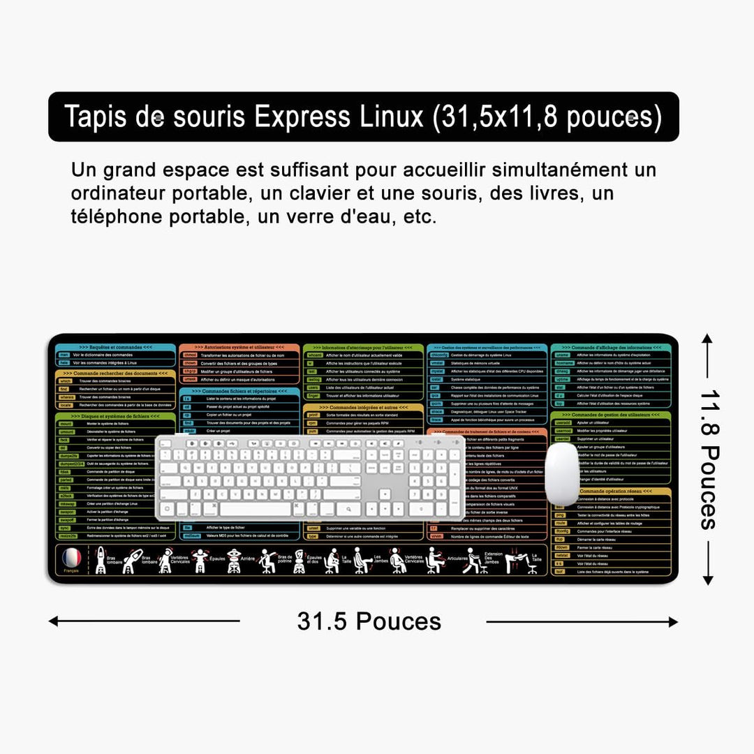 Linux Shortcuts Mauspad Französisch Schreibtischunterlage 80x30x0.3cm Gross Gaming Mousepad XL & Des