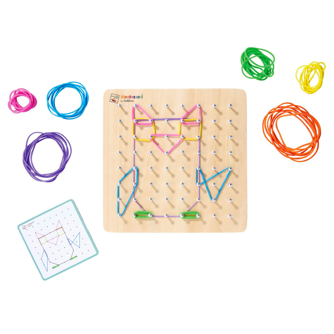 Eichhorn – Montessori – Geometriebrett mit 64 Nägeln und 30 farbigen Gummis, fantasievolles befestig