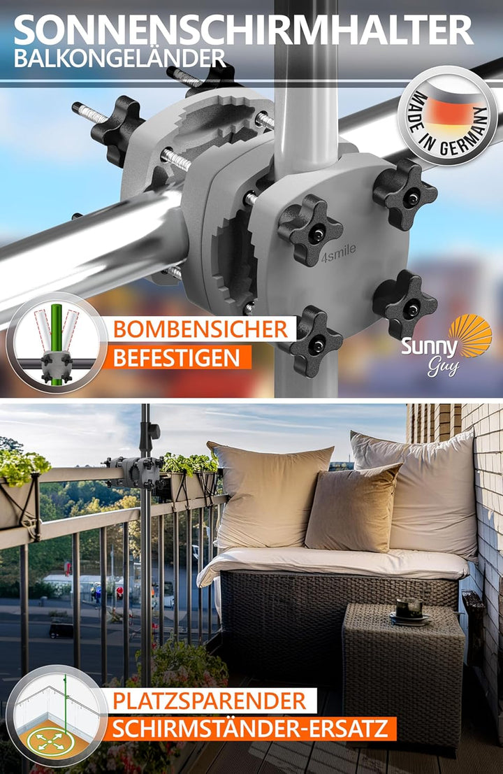 4smile Sonnenschirm Balkon SunnyShade 3-in-1 SET, Anthrazit - 200 x 125 cm Sonnenschutz Balkon - UPF