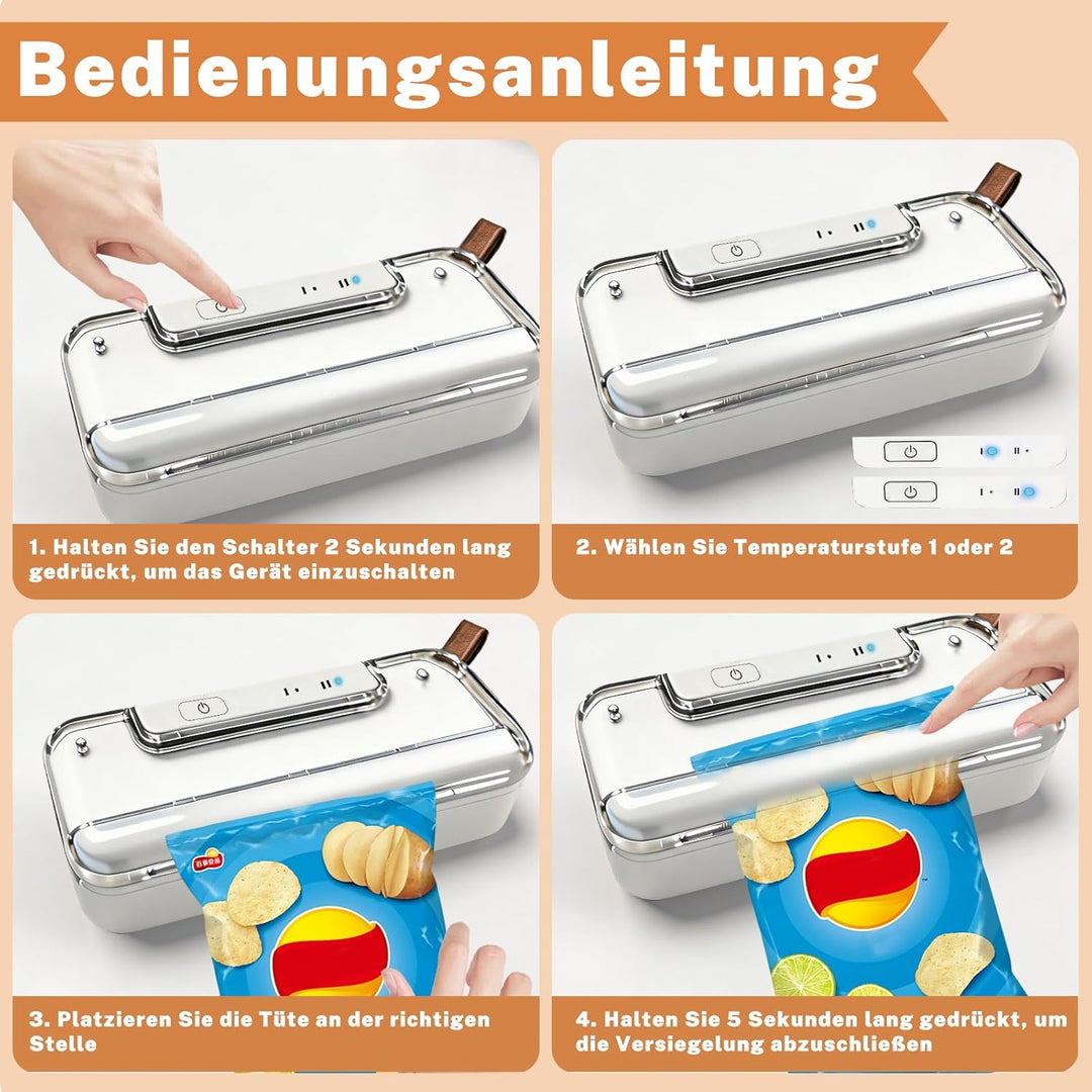 Mini Folienschweissgerät, 2 in 1 Bag Sealer mit Cutter, 2-Stufen Siegelung, Wiederaufladbar, Auto-Of