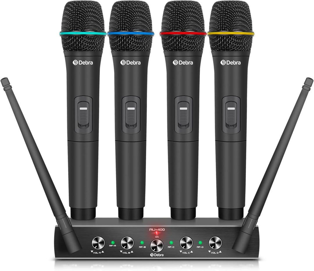 Debra Audio Pro UHF 4-Kanal-Funkmikrofonsystem mit schnurlosem Lavalier-Headset-Mikrofon, Metallempf
