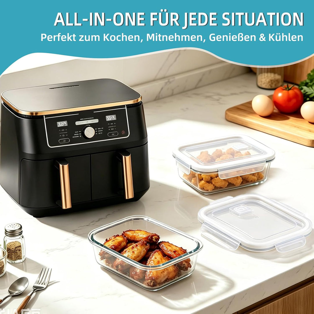 2 Stück Glas Auflaufform Airfryer mit Deckel &amp; Topflappen, Hitzebeständig, Kratzfest &amp; Spülmaschinen