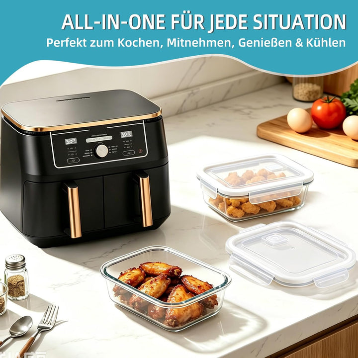 2 Stück Glas Auflaufform Airfryer mit Deckel &amp; Topflappen, Hitzebeständig, Kratzfest &amp; Spülmaschinen
