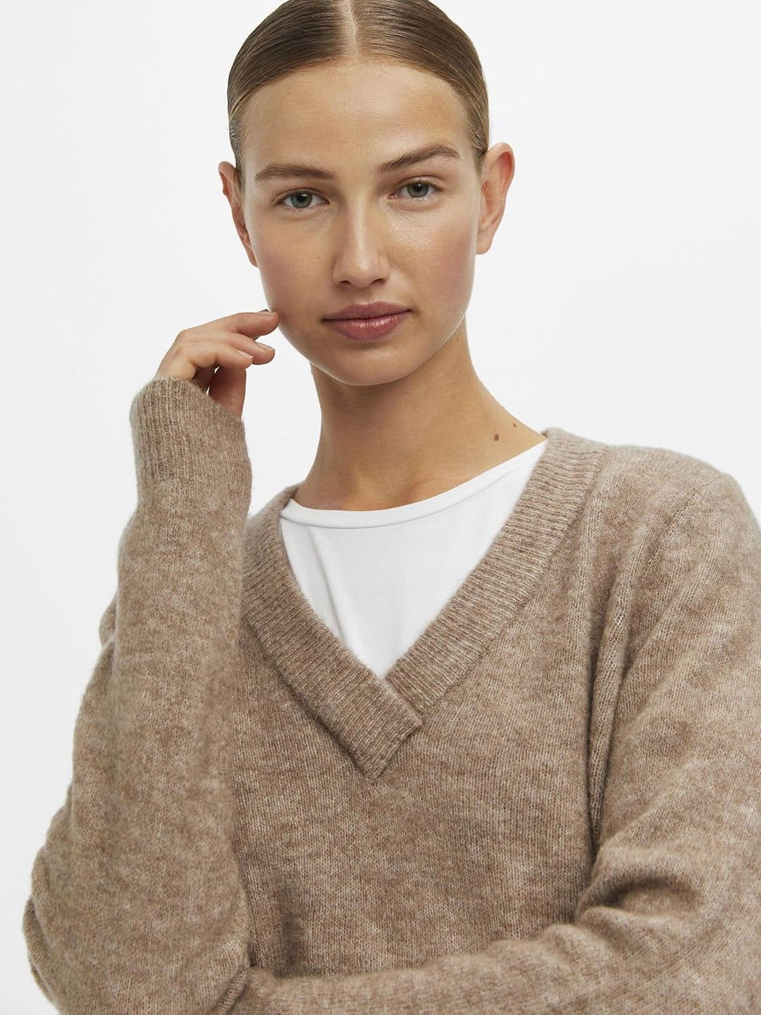 Object Damen Objellie L/S V-Neck Pullover Noos Strickpullover, Fossil