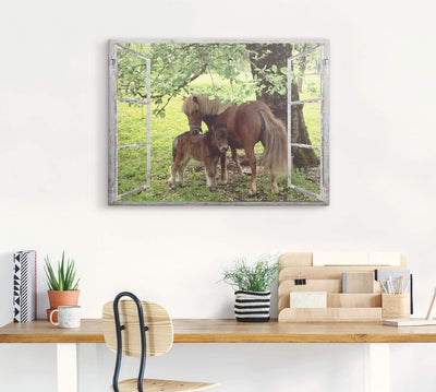 ARTland Leinwandbilder Wandbild Bild auf Leinwand 80x60 cm Wanddeko Fensterblick Fenster Pferd Pony