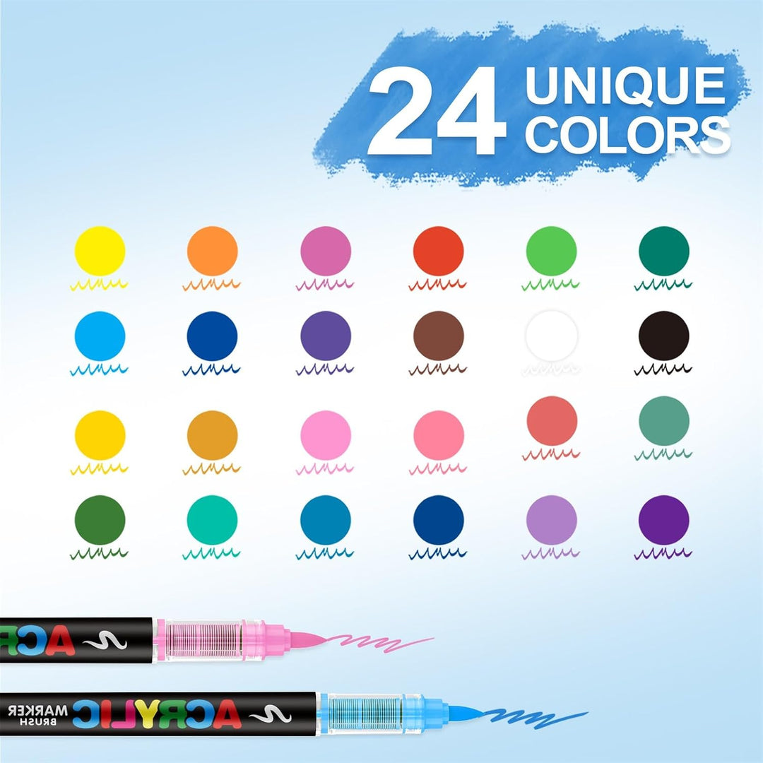 24 Farben Acrylstifte Marker Set für Stoff, Leinwand, Glas, Holz und Papier, 24