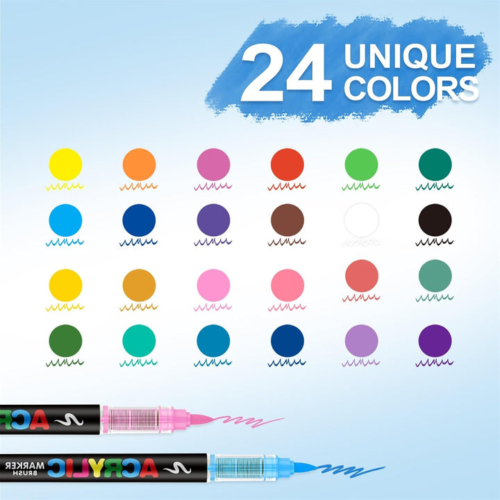 24 Farben Acrylstifte Marker Set für Stoff, Leinwand, Glas, Holz und Papier, 24
