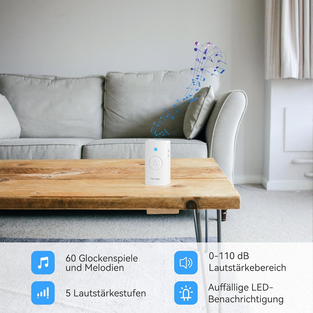 TECKNET Funkklingel, kabelloses Türklingel Batteriebetrieben, wasserdichte Türklingel Set mit 400M k