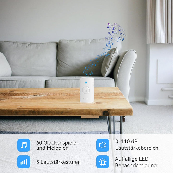 TECKNET Funkklingel, kabelloses Türklingel Batteriebetrieben, wasserdichte Türklingel Set mit 400M k
