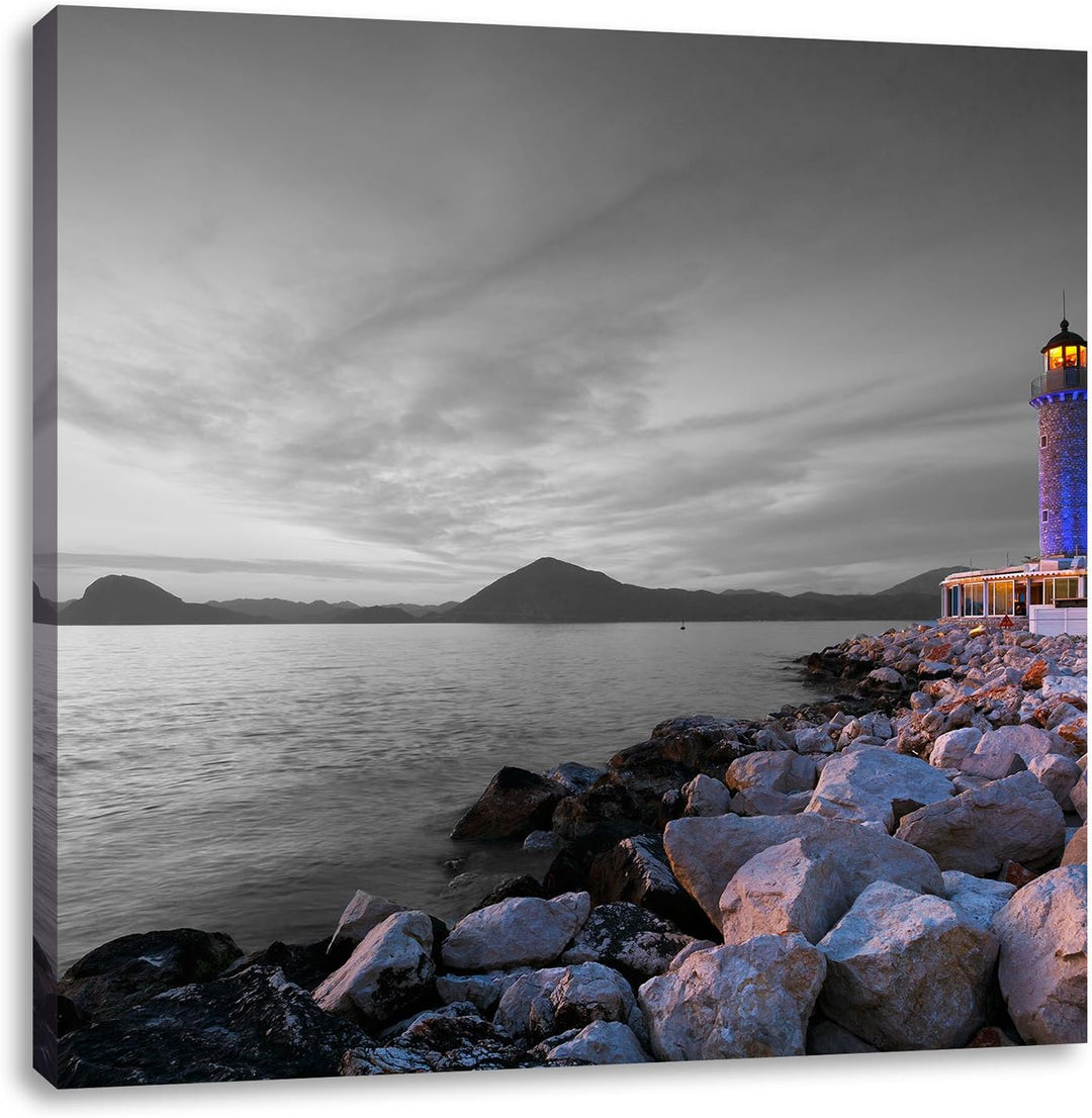 Pixxprint Romantischer Leuchtturm bei Ebbe schwarz/weiss, Format: 70x70 auf Leinwand, 70x70