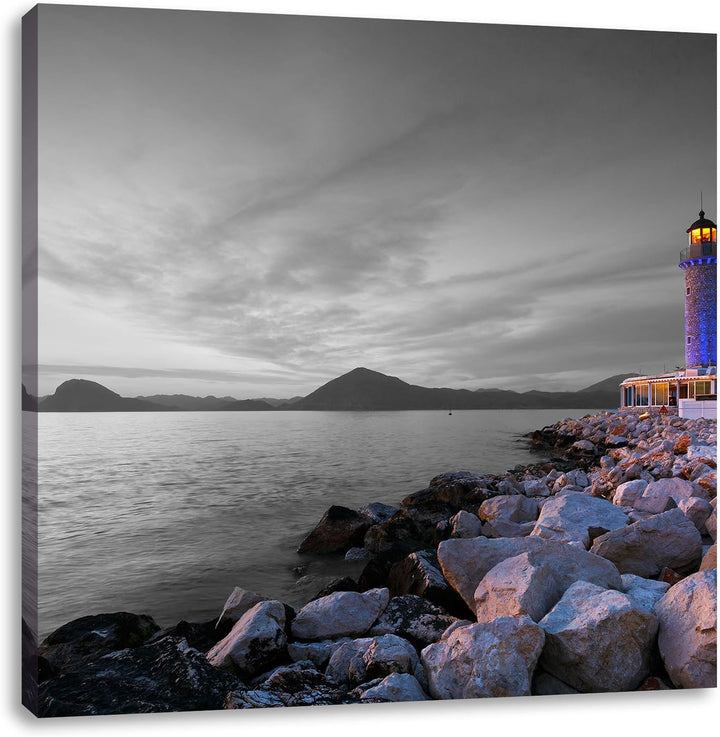 Pixxprint Romantischer Leuchtturm bei Ebbe schwarz/weiss, Format: 70x70 auf Leinwand, 70x70