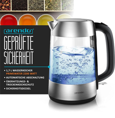 Arendo - Glas Wasserkocher Edelstahl 1,7 Liter mit LED + Arendo Edelstahl Toaster Langschlitz mit Br