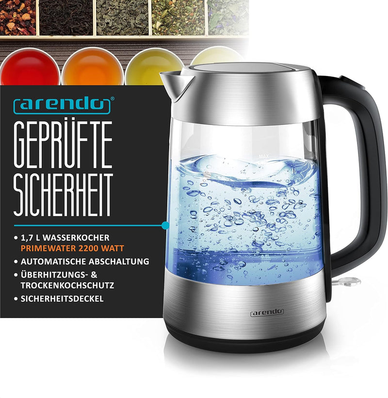 Arendo - Glas Wasserkocher Edelstahl 1,7 Liter mit LED + Arendo Edelstahl Toaster Langschlitz mit Br