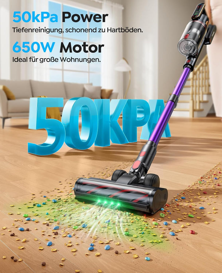 Fieety Akku Staubsauger 600W/50kPa/65Min, Staubsauger Kabellos mit Tierpflegebürste, 1M Schlauch, Wa