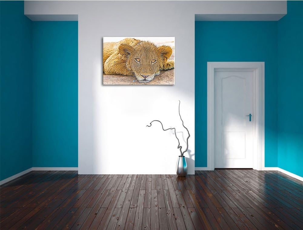 wachsamer junger Löwe Deluxe Format: 100x70 cm auf Leinwand, XXL riesige Bilder fertig gerahmt mit K