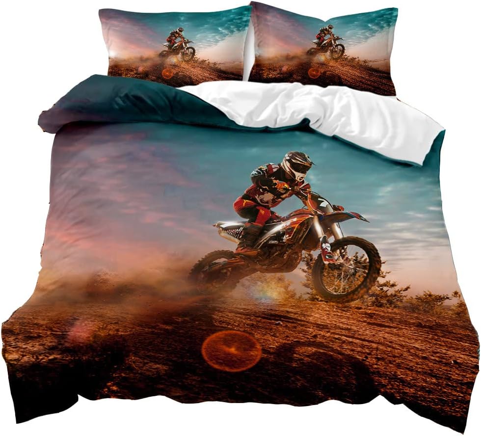 AOXHFNV 3D Motorrad-Bettbezug Motocross-Bettwäsche-Set Motorrad-Rennbettbezug mit Kissenbezug für Te