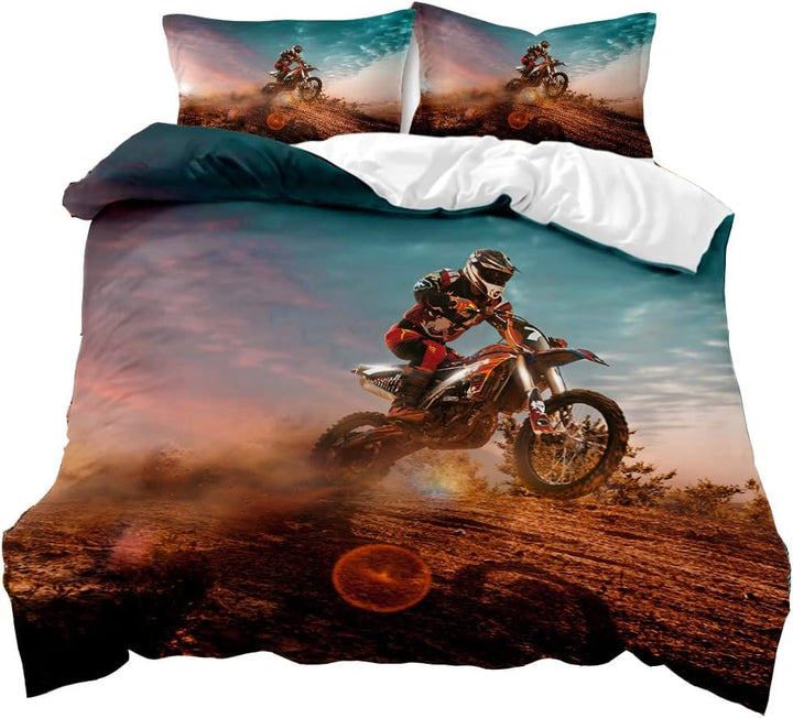 AOXHFNV 3D Motorrad-Bettbezug Motocross-Bettwäsche-Set Motorrad-Rennbettbezug mit Kissenbezug für Te
