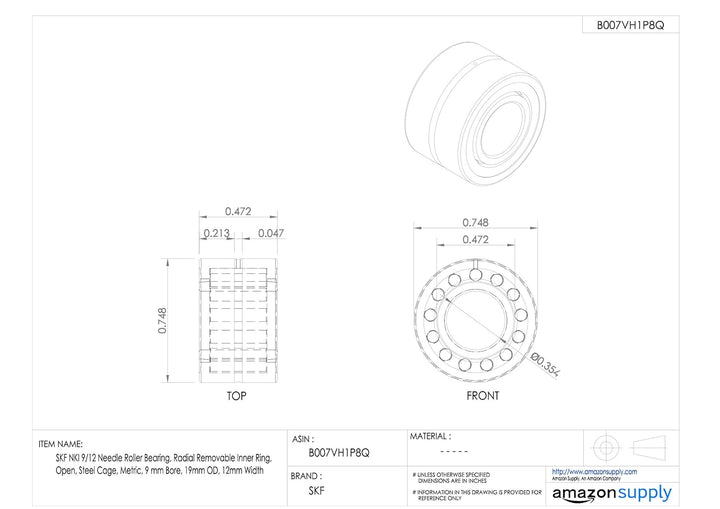 SKF Nadellager, radial, abnehmbarer Ring, innen offen, Stahl Käfig, metrisches, 9 mm Bore,19 mm OD,1