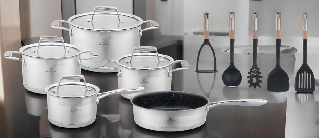 Topfset 16-teilig, Edelstahl, Glasdeckel, alle Herdarten Silber