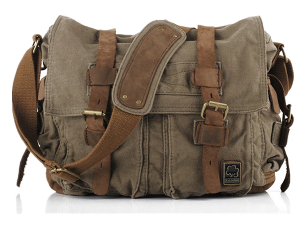 Sechunk Vintage Militär Leder Umhängetasche Canvas Laptop Tasche Retro Messenger Taschen Large--17‘’