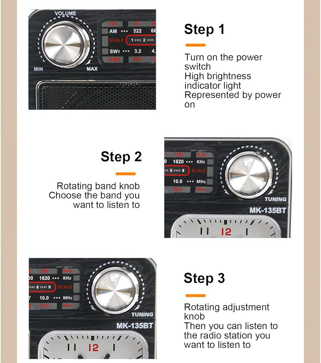 AM FM SW Bandradio, Kleines Retro Vintage Radio mit Lichtuhr, Bluetooth Lautsprecher, Kopfhöreransch