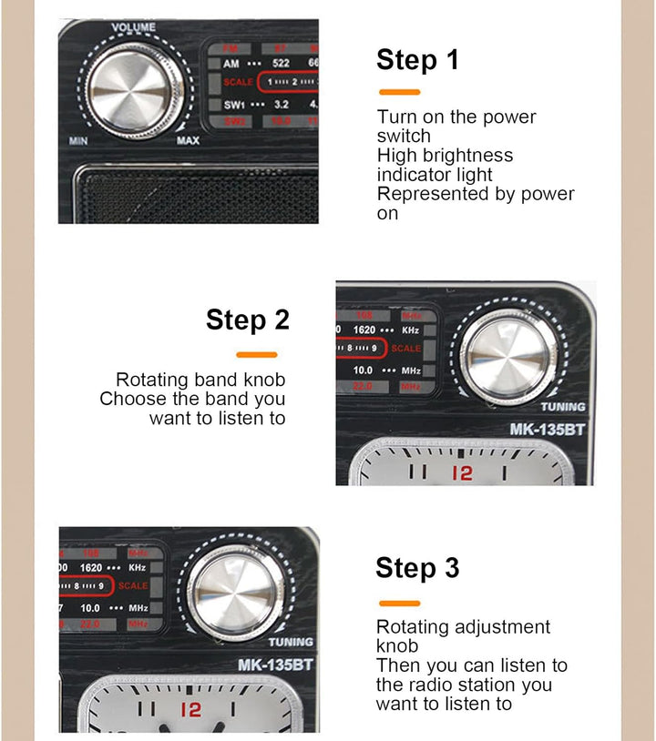 AM FM SW Bandradio, Kleines Retro Vintage Radio mit Lichtuhr, Bluetooth Lautsprecher, Kopfhöreransch