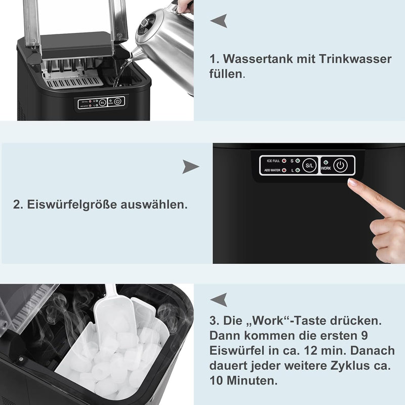 WOLTU Eiswürfelmaschine Eiswürfelbereiter, 15kg/24hrs, 2 Eiswürfel-Grössen, 2,2 Liter Wassertank, Se