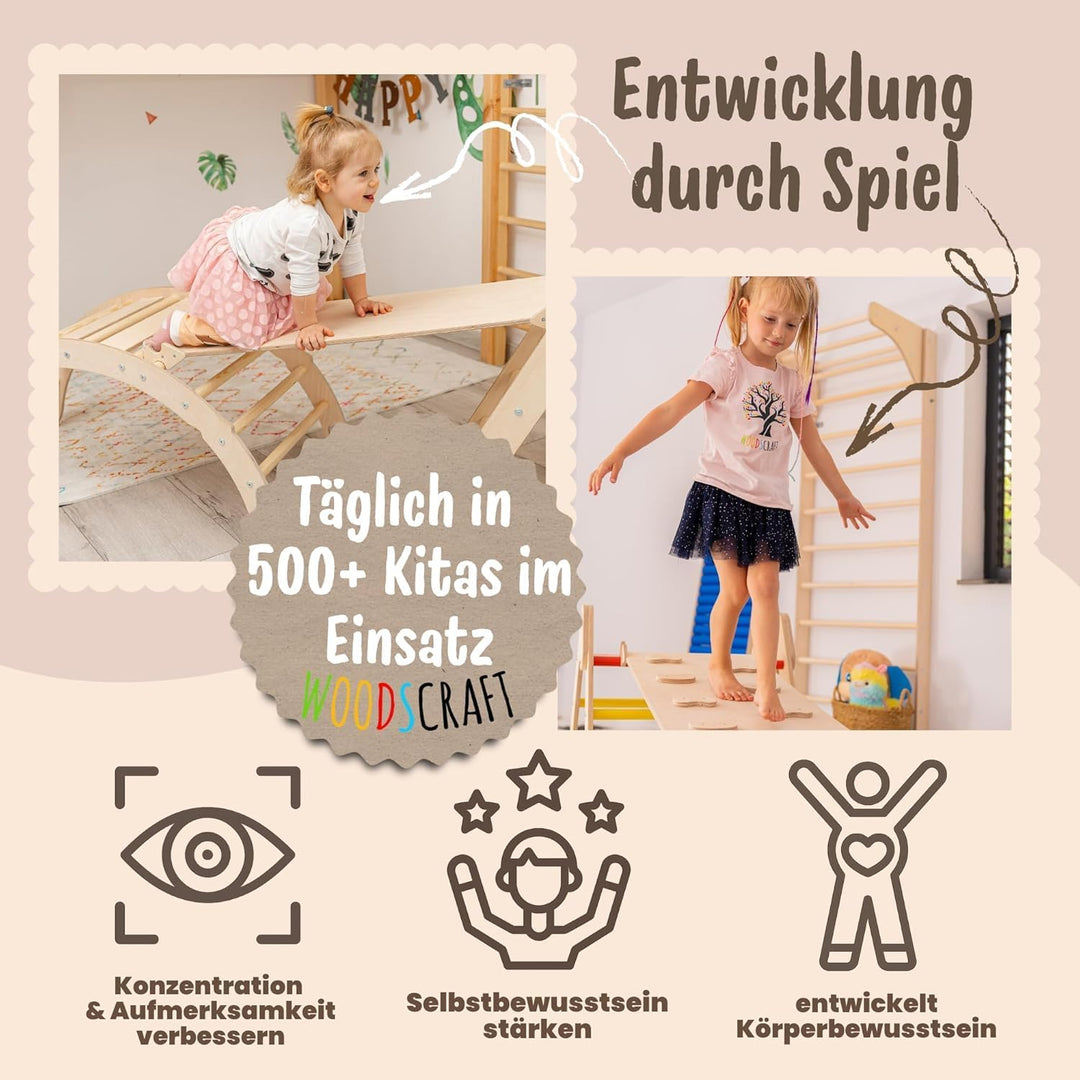 WoodsCraft 5in1 Set: Kletterbogen mit Kissen, Kletterdreieck, Rutsche/Rampe | Midi Set mit hypoaller