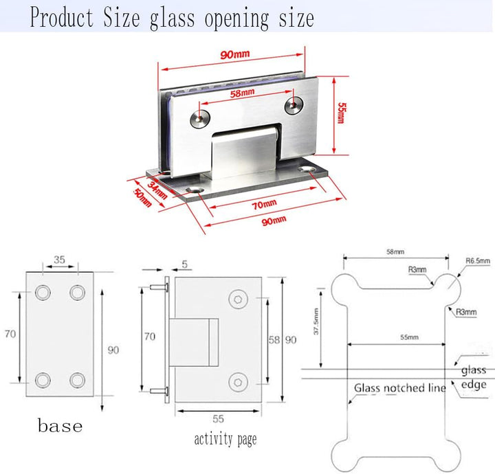 Zwei 90° öffnende Glasclips, 8-12mm, Edelstahl, Wandmontage, rahmenlos, Glasmontage, Duschtürscharni