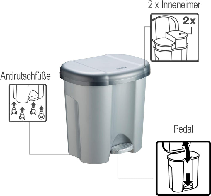Rotho Duo Mülleimer 2x 10l zur Mülltrennung mit Deckel, Kunststoff (PP recycelt) BPA-frei, silber, 2