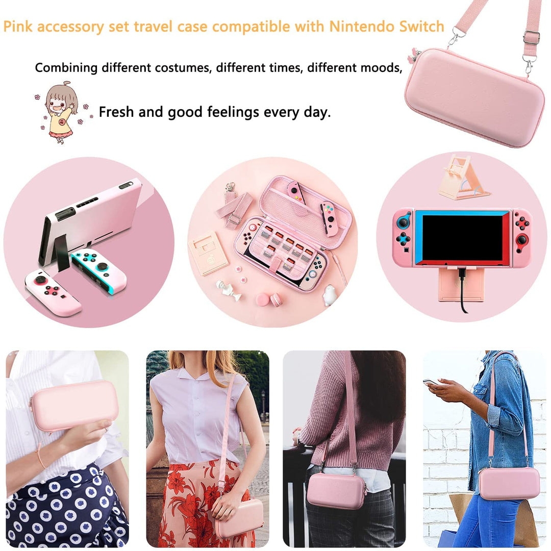 OLDZHU Rosa Reisezubehör Set Kompatibel mit Nintendo Switch,10 in 1 mit Rosa Tragetasche für die Swi