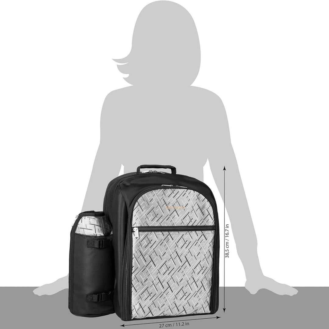 BRUBAKER Picknickrucksack für 4 Personen Schwarz Silber 27 × 38,5 × 21 cm - inkl. Kühlfach + Iso-Fla
