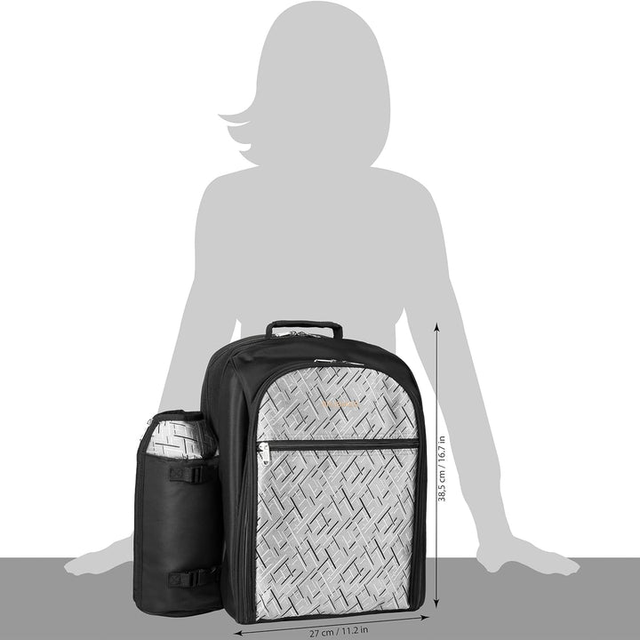 BRUBAKER Picknickrucksack für 4 Personen Schwarz Silber 27 × 38,5 × 21 cm - inkl. Kühlfach + Iso-Fla