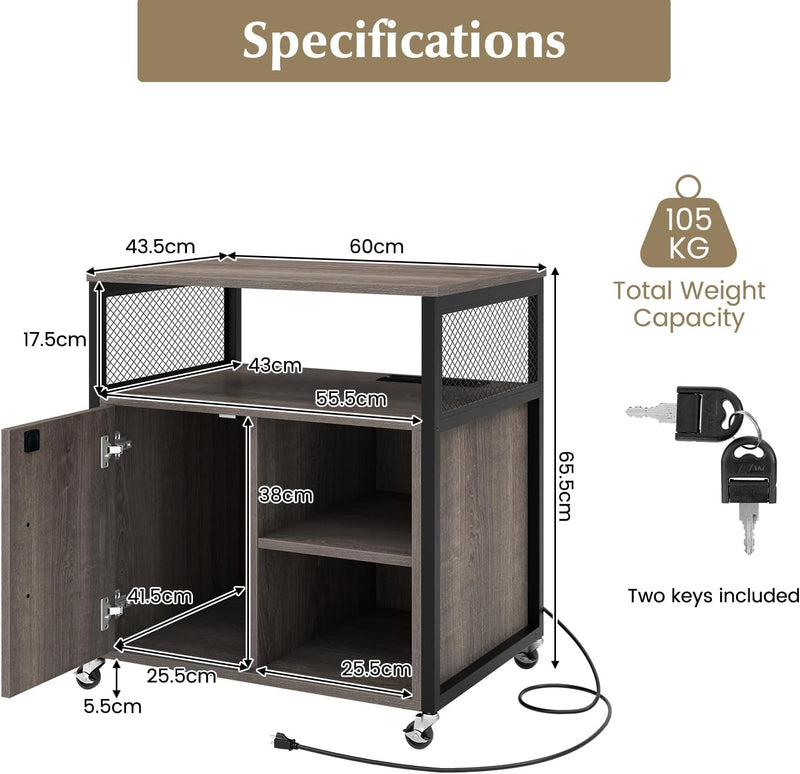 KOMFOTTEU Rollcontainer mit Ladestation, mobiler Aktenschrank mit Schloss & verstellbarem Ablagen, B