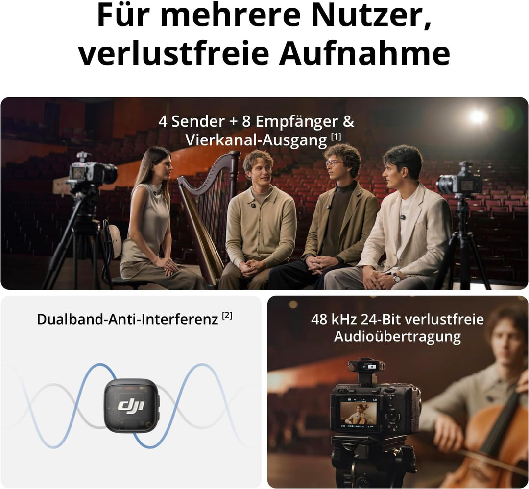 DJI Mic 3 (4 Sender + 1 Empfänger + Ladeschale), drahtloses Mini-Mikrofon für iPhone/Kamera/Android,