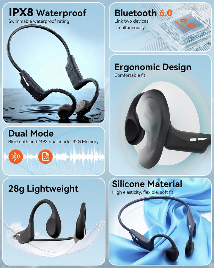 MONODEAL Knochenschall Kopfhörer Schwimmen Bluetooth 6.0 IPX8 Unterwasser 32G MP3 Open-Ear Bone Cond
