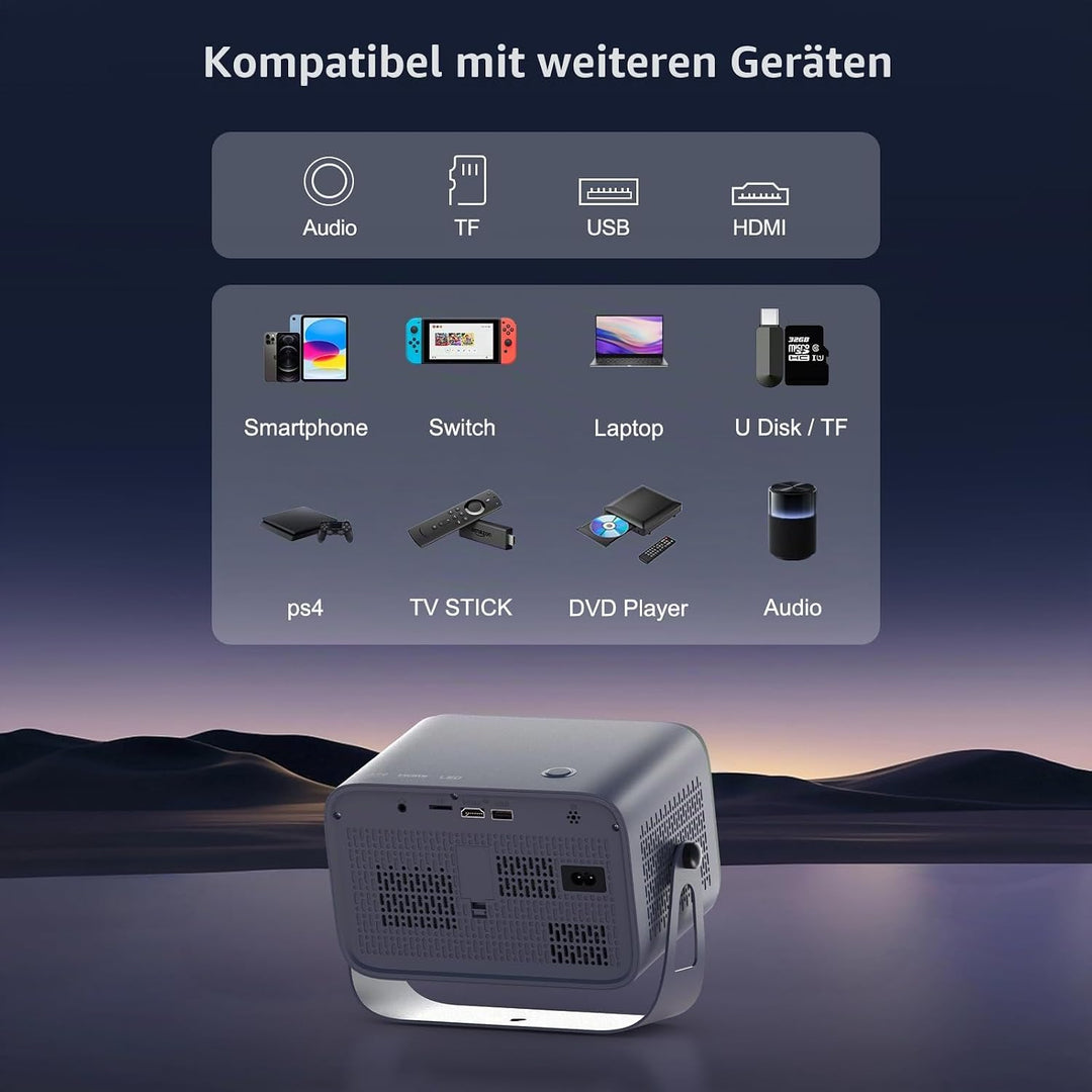 Smart Mini Beamer Android 11, Unterstützt 4K 1080P, Beamer Klein Projektor Tragbarer mit WiFi 6 und