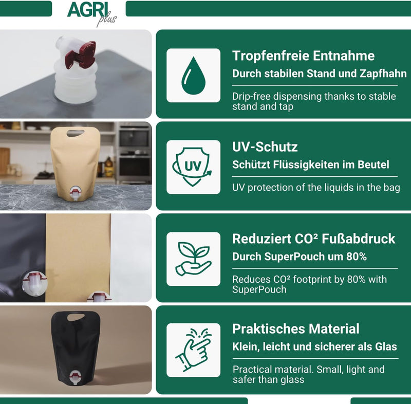 AGRI plus Standbeutel 20 Stück 3,0 Liter braun | Anzahl und Grösse wählbar | Bag in Box Beutel 0,75-