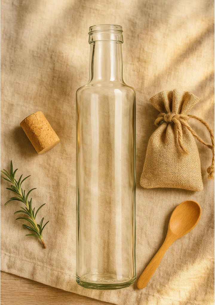 gouveo 12er Set 500ml Glasflaschen Dorica klar mit goldfarbenem PP 31,5 Schraubverschluss - Essigfla