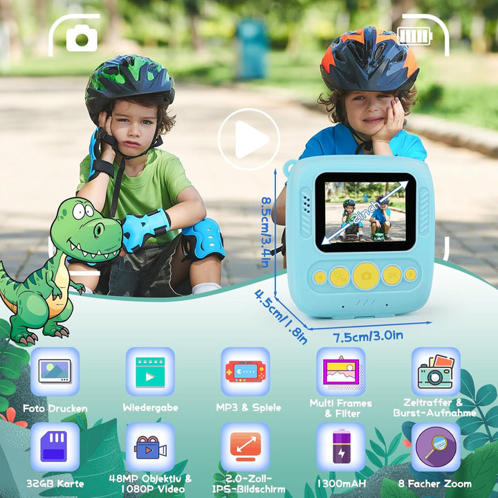 Kinderkamera Sofortbildkamera, 48MP Sofortbildkamera Kinder mit 32GB Karte & Druckpapier, 1080P Digi