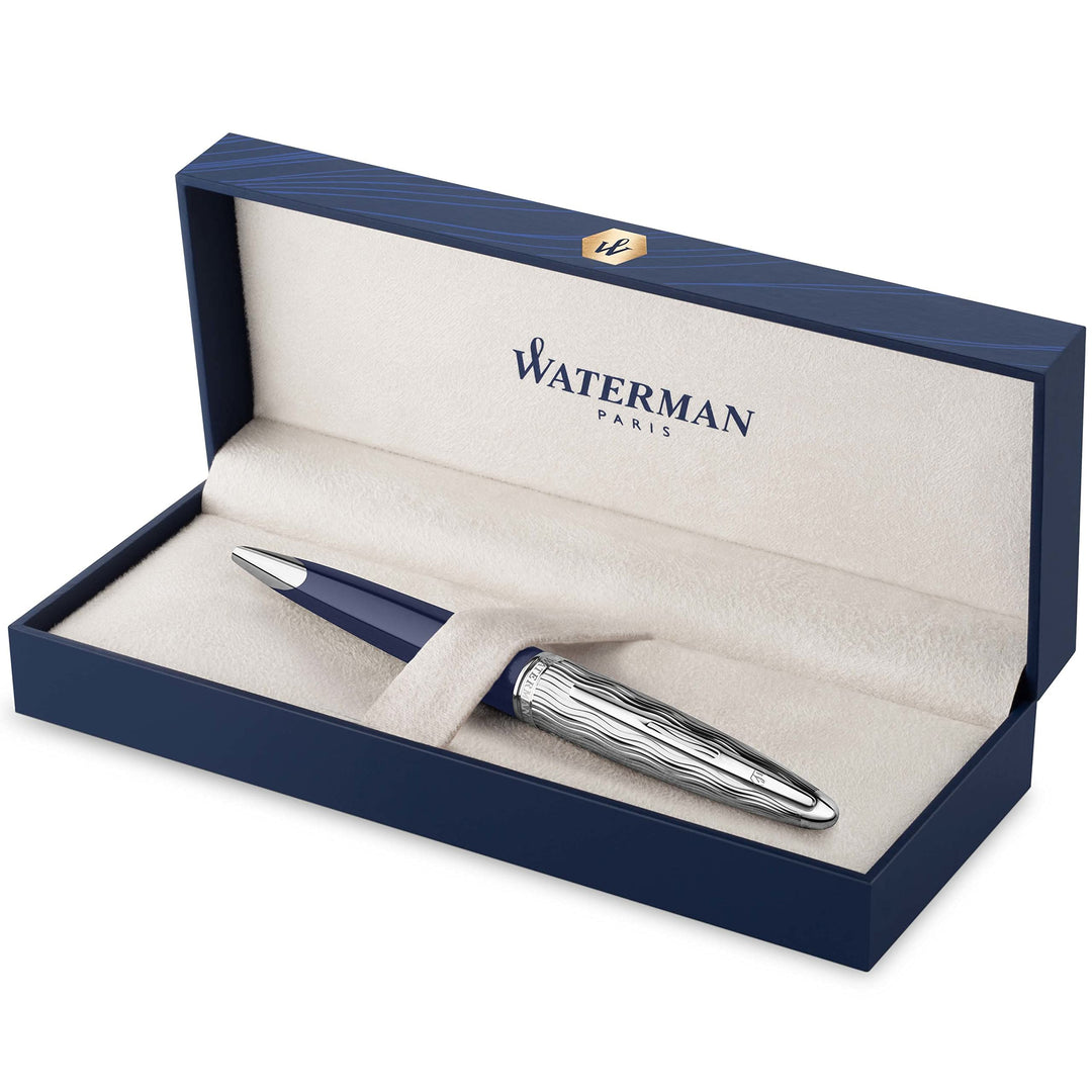 Waterman Carène Kugelschreiber, Metall und blaue Lackierung, ziselierte Kappe, blaue Tinte, Geschenk