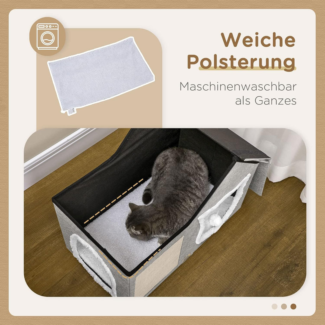 PawHut Katzenhöhle Katzenbett mit waschbarem Kissen, Kratzmatte, Spielball, Doppeltüren, Katzenhaus