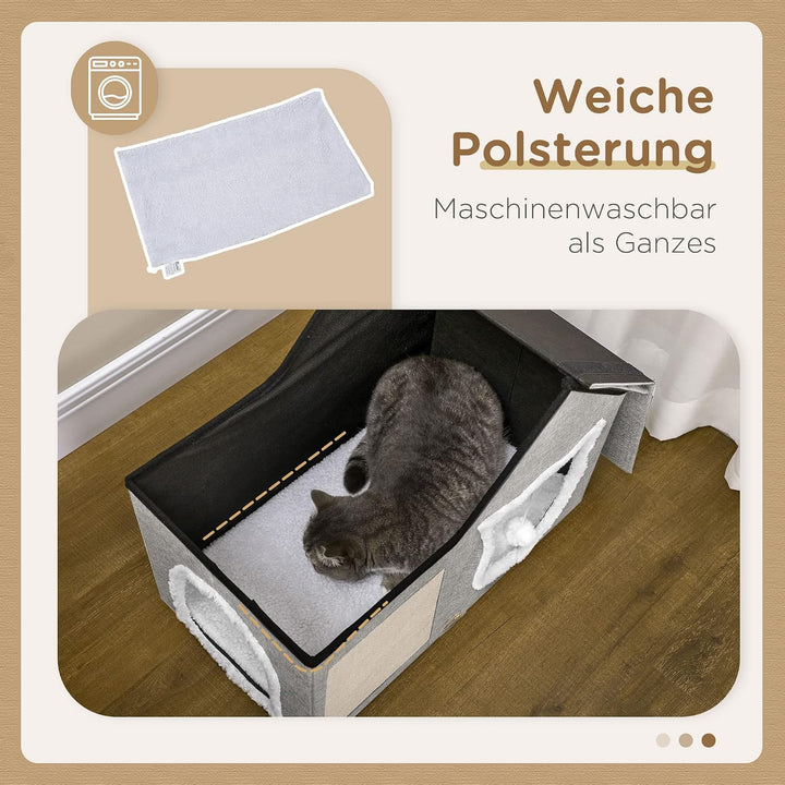 PawHut Katzenhöhle Katzenbett mit waschbarem Kissen, Kratzmatte, Spielball, Doppeltüren, Katzenhaus